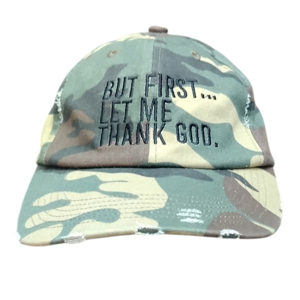 District Hat Cap Strap Back Camo One Size But First Let Me Thank God‎ Quote Mens